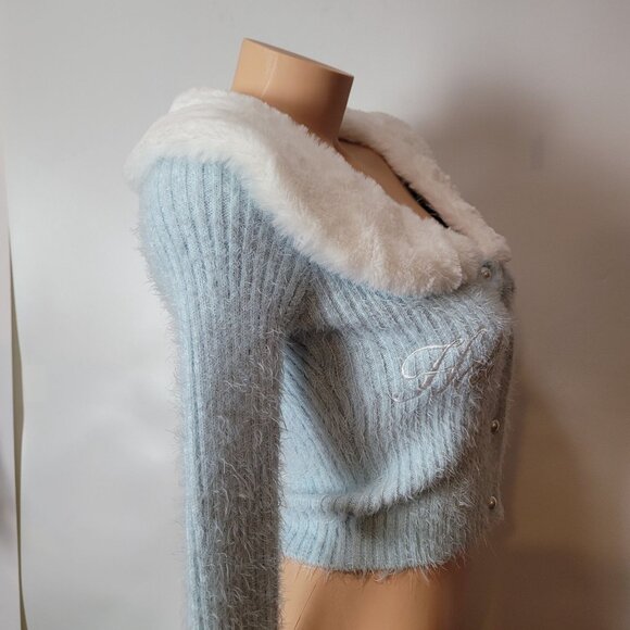 Hello Kitty & Friends X Forever 21 Blue Knit Cardigan W/Faux Fur Collar & Cuff - Picture 12 of 16